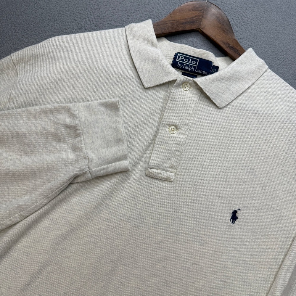 VTG Polo Ralph Lauren Long Sleeve Polo Shirt Mens XL Cream Cotton Pique Preppy